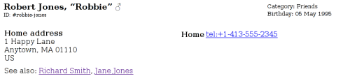 Robbie's address book entry in HTML.